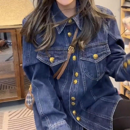 Damen Jeansjacke Mit Goldknöpfen Blau Eveloria