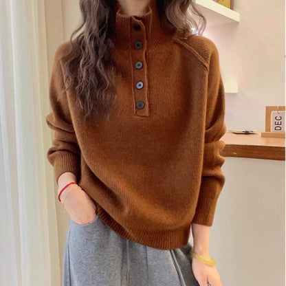 Damen Grobstrickpullover Hochkragen Dekorative Knöpfe Eveloria