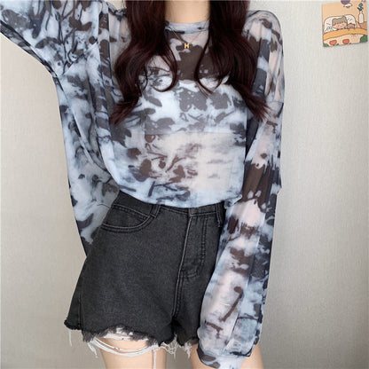 Damen Longsleeve-Oberteil Transparent Tie-Dye Muster