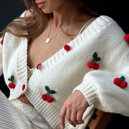 Damen Strickcardigan mit Kirschapplikationen