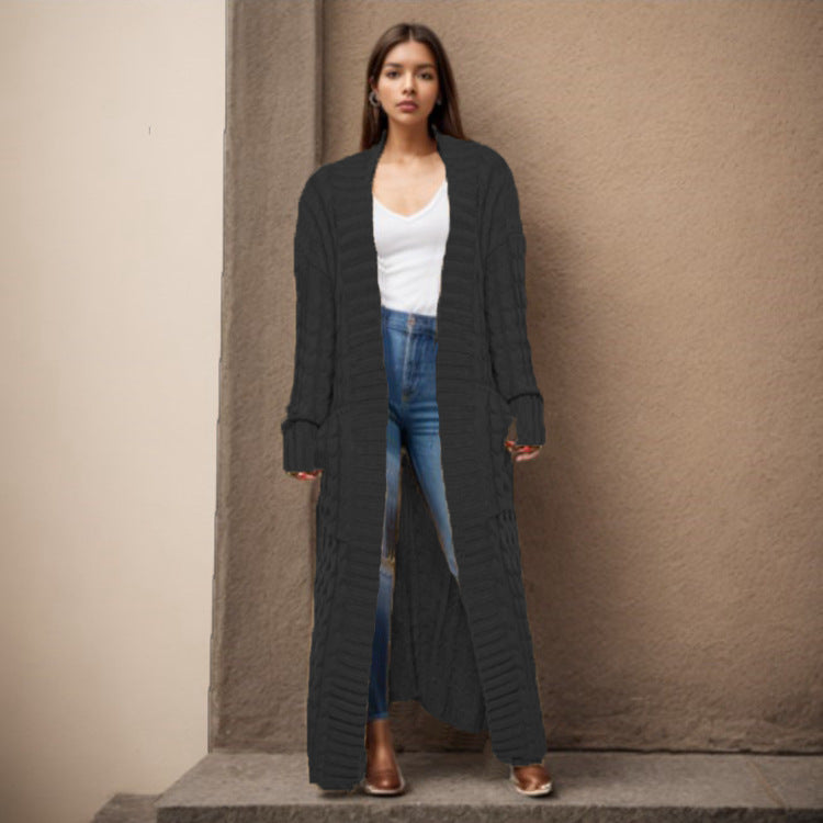 Damen Strickcardigan Lang Zopfmuster