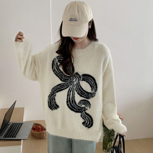 Damen Pullover Kuschelig Schleifenmuster Grau - Eveloria