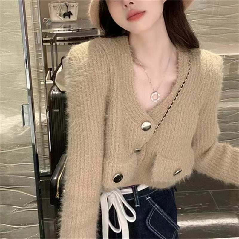 Damen Flauschcardigan Knöpfe Taschen Beige