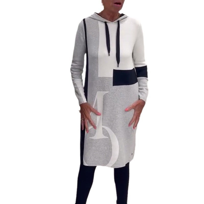 Damen Kapuzenkleid Grafisches Muster Seitentaschen Eveloria