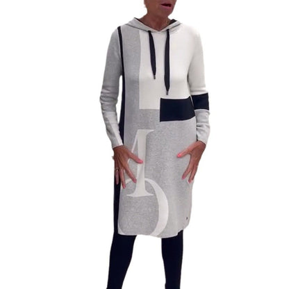 Damen Kapuzenkleid Grafisches Muster Seitentaschen Eveloria