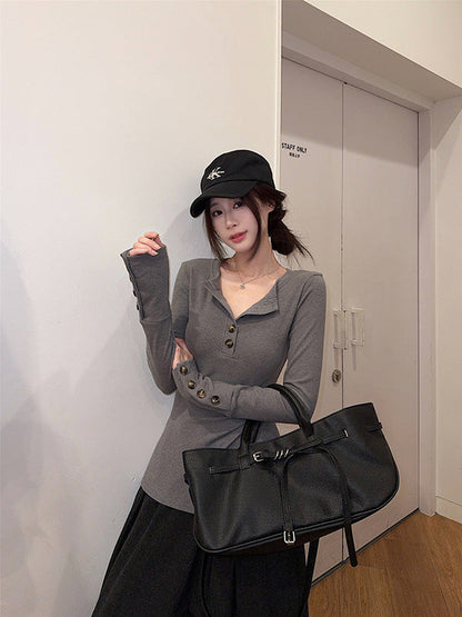 Damen Langarmshirt Modisch Knöpfe Eveloria