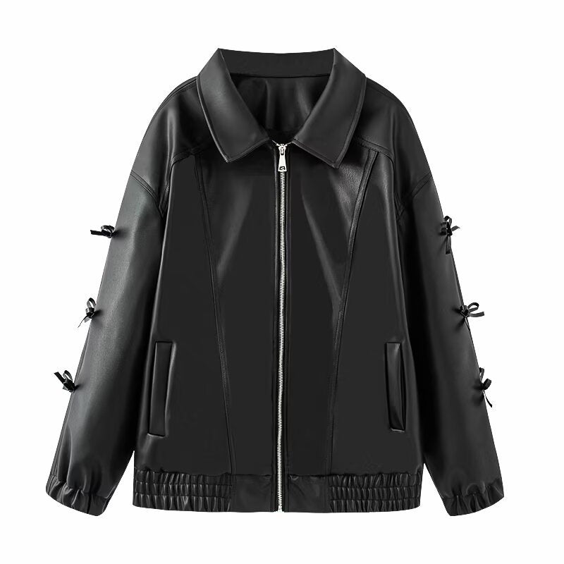 Damen Lederjacke Elastischer Bund Schwarz Eveloria - Eveloria