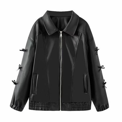 Damen Lederjacke Elastischer Bund Schwarz Eveloria - Eveloria
