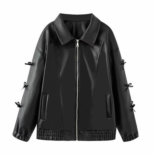 Damen Lederjacke Elastischer Bund Schwarz Eveloria - Eveloria