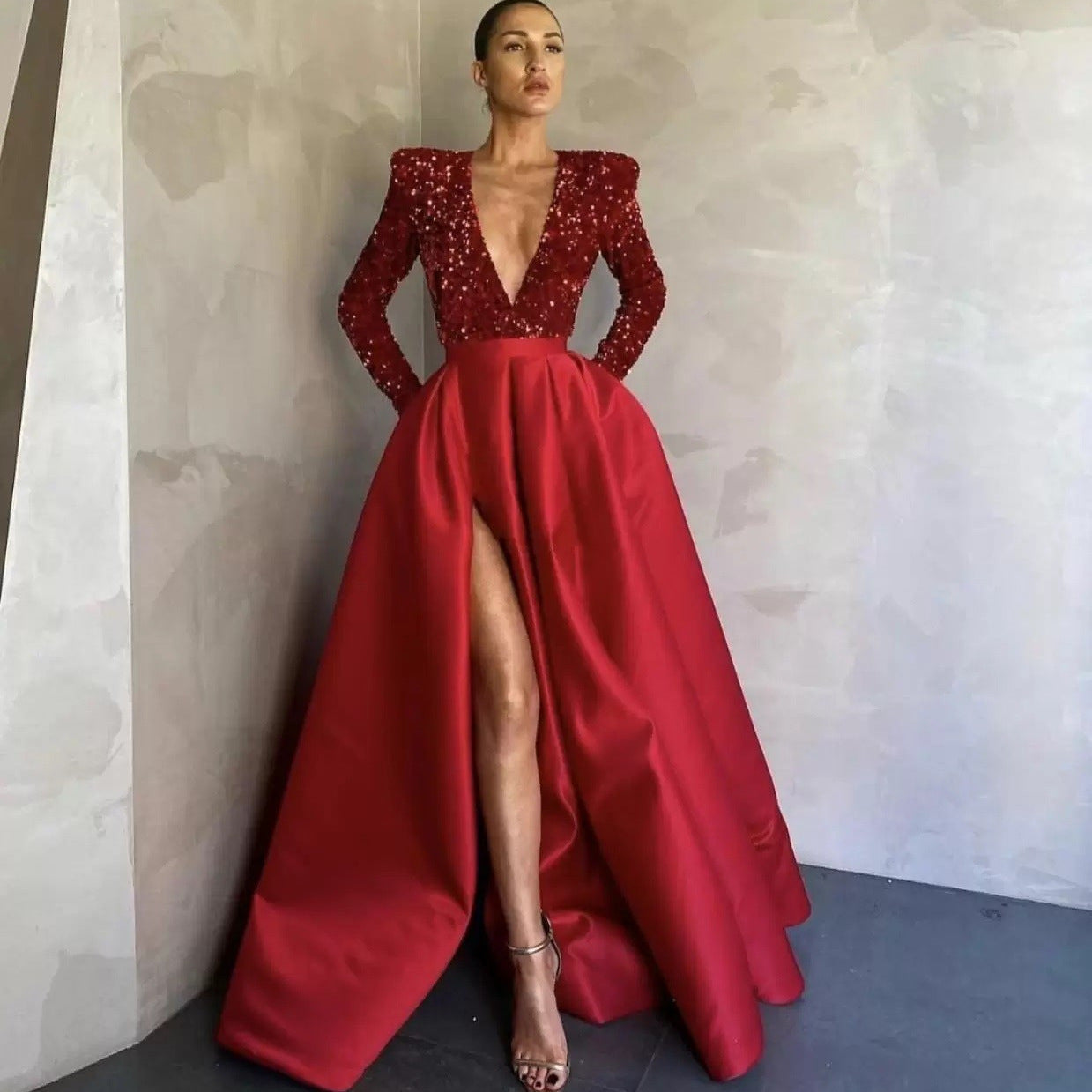 Damen Abendkleid V-Ausschnitt Glitzernd Eveloria