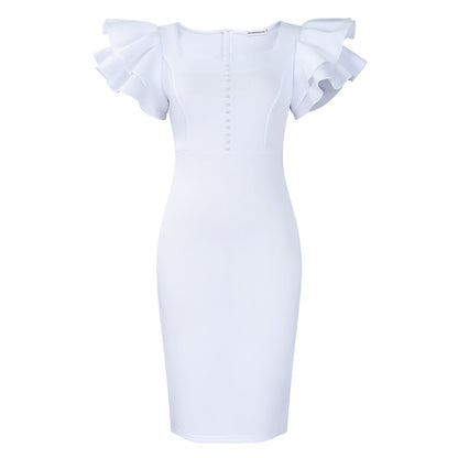 Eveloria Damen Midi-Kleid Voluminöse Rüschen Perlendetails