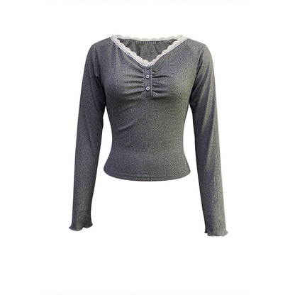 Damen Langarmshirt Spitze Knopfleiste Eveloria