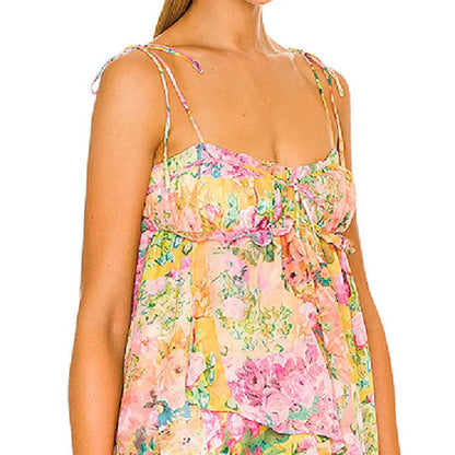 Damen Minikleid Floral mit Spaghettiträgern und Rüschendetails