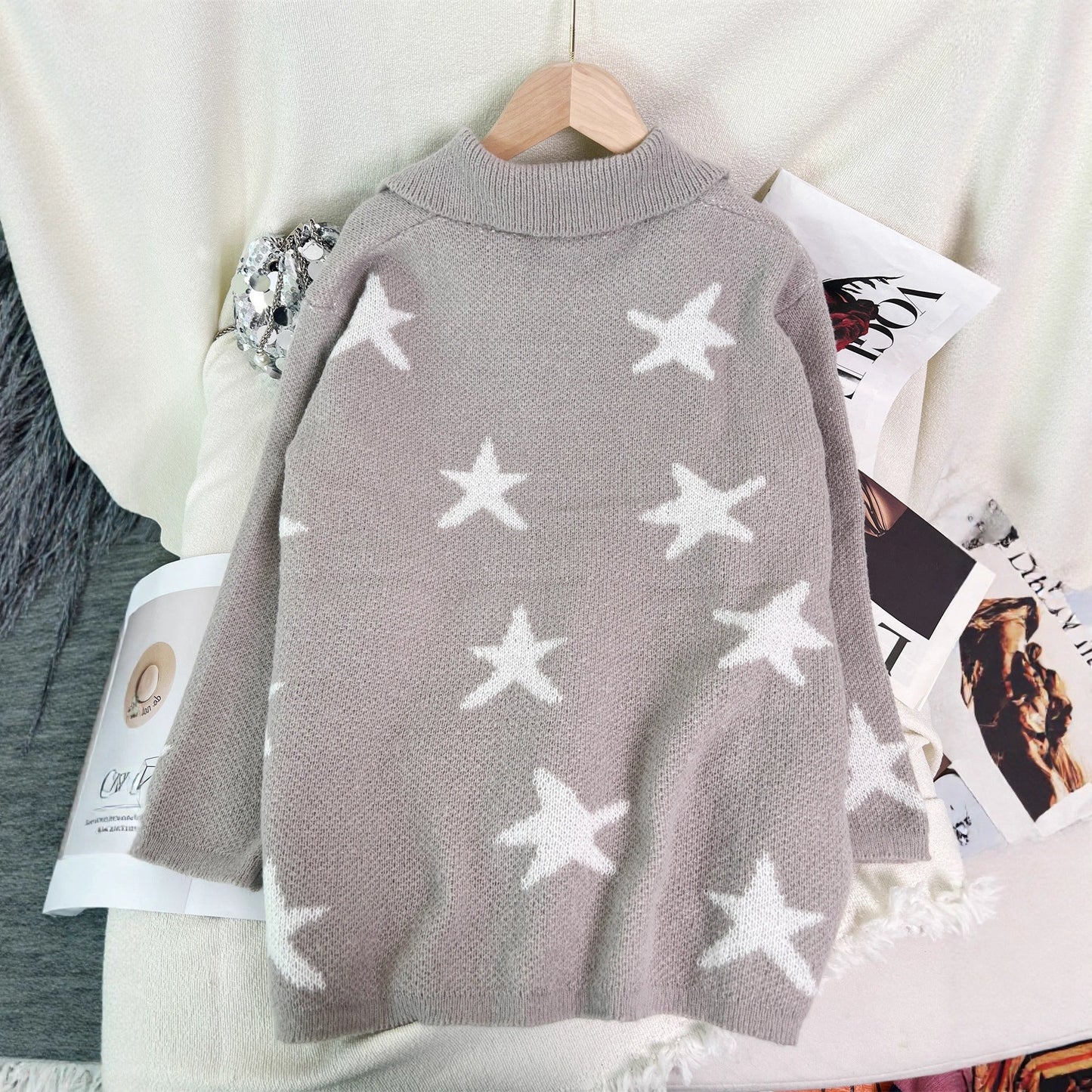 Damen Strickjacke Sternenmotiv mit Taschen Eveloria