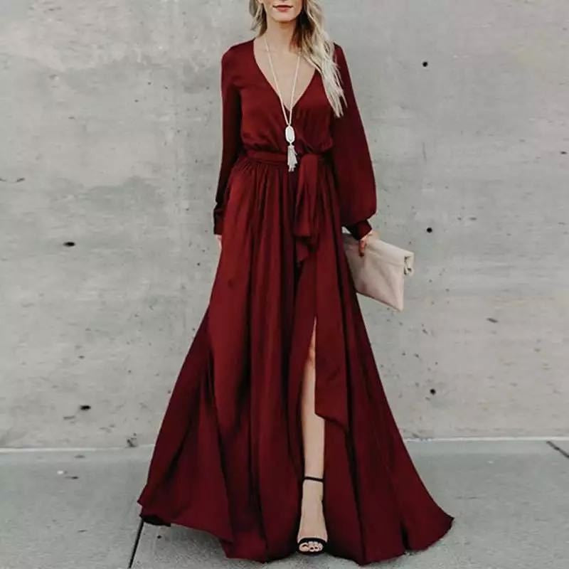 Damen Maxi-Kleid Tiefes Dekolleté Fließender Stoff Schwarz Eveloria - Eveloria