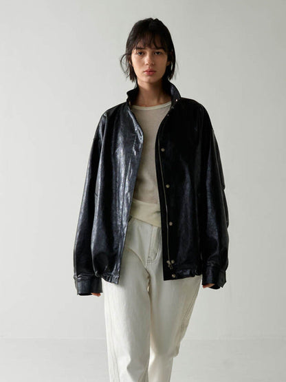 Damen Lederjacke Oversized mit Kragen und Knopfverschluss