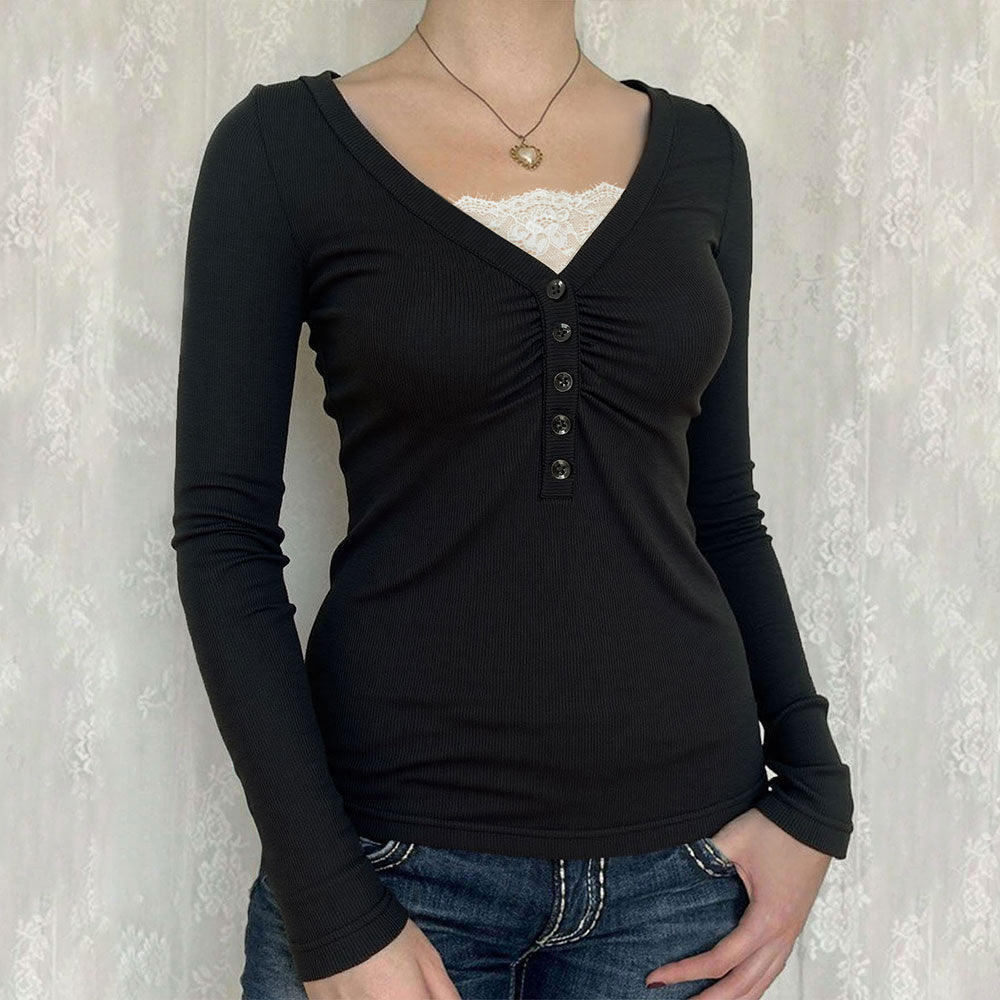 Damen Langarmshirt V-Ausschnitt Knöpfe - Eveloria