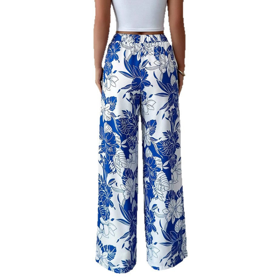 Damen Palazzohose Hochtailliert Floralmuster Seitentaschen Eveloria