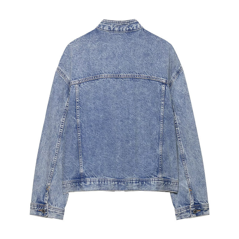Damen Denimjacke Asymmetrisch Mit Taschen Blau Eveloria