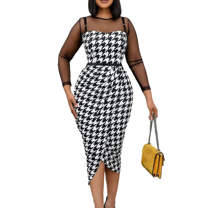 Damen Kleid Langarm Hahnentritt-Design Eveloria