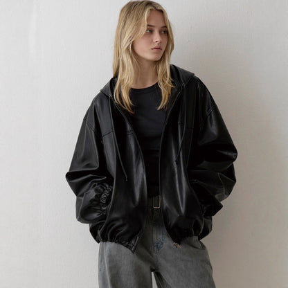 Damen Kunstlederjacke mit Kapuze Eveloria