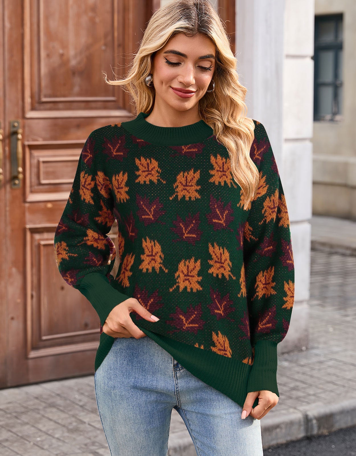 Damen Strickpullover Herbstblätterdesign Eveloria