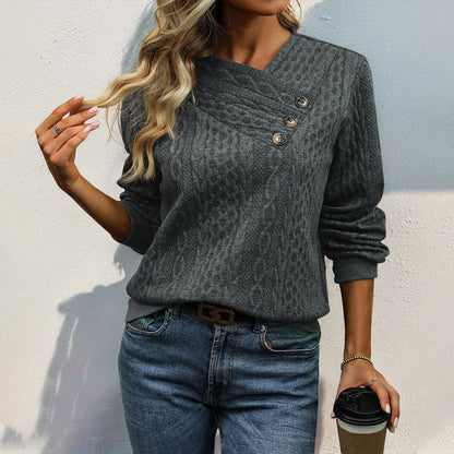 Damen Strickpullover Lässig Wellenmuster Knopfdetails Beige Eveloria