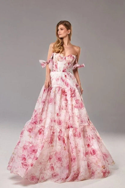 Damen Maxikleid mit Blumenmuster und Rüschen Trägern