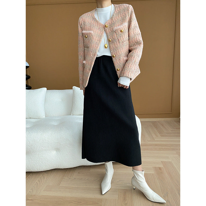 Damen Bouclé-Jacke goldene Knöpfe Eveloria