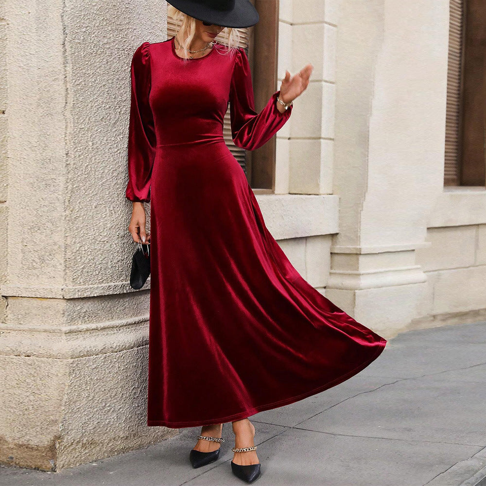 Damen Abendkleid Velour Längsärmig Schwingrock Eveloria