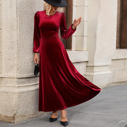 Damen Abendkleid Velour Längsärmig Schwingrock Eveloria