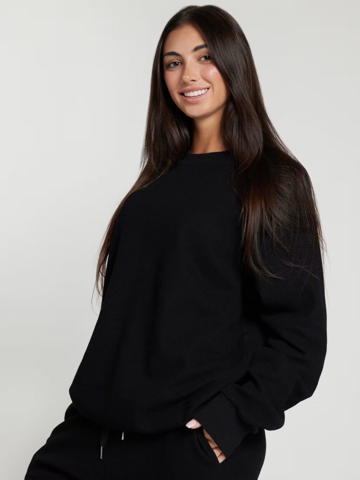 Damen Sweatshirt Waffelmuster Bequem Grau Eveloria