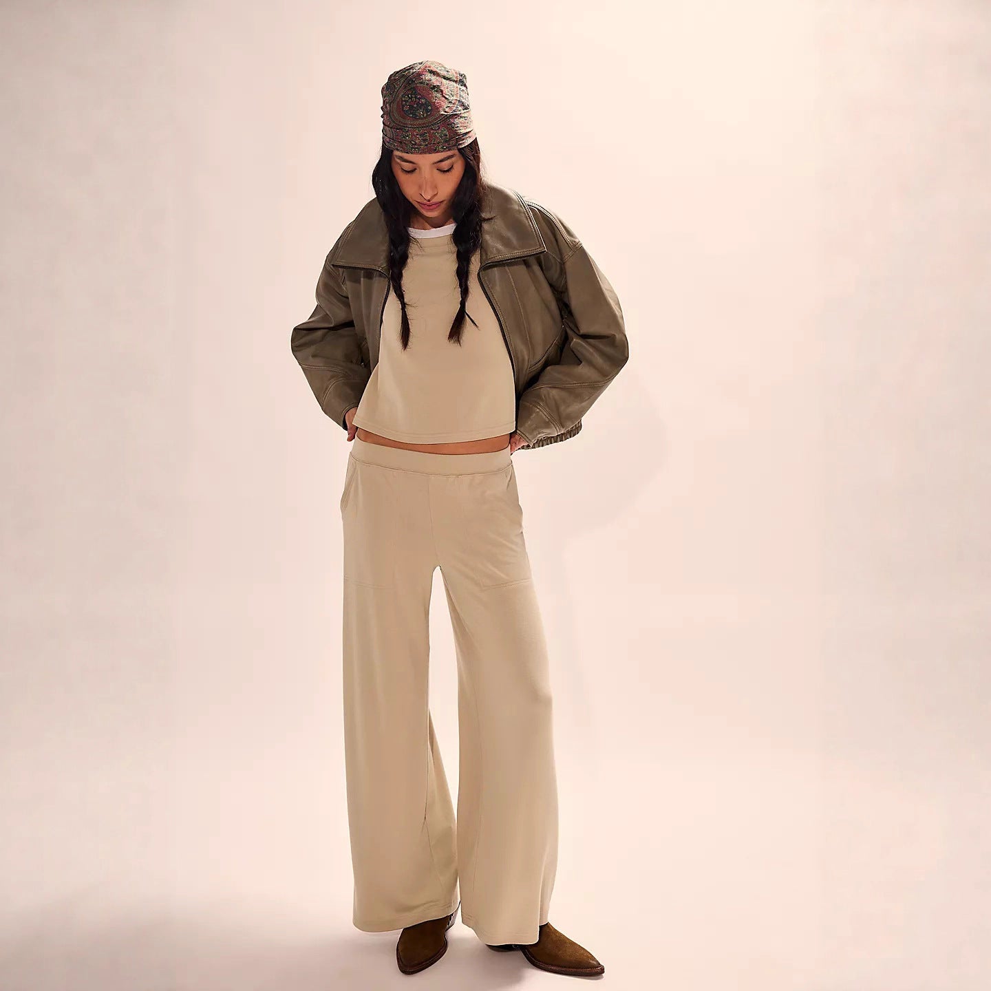 Damen Twinset Weites Oberteil und Hose Baumwolle Beige