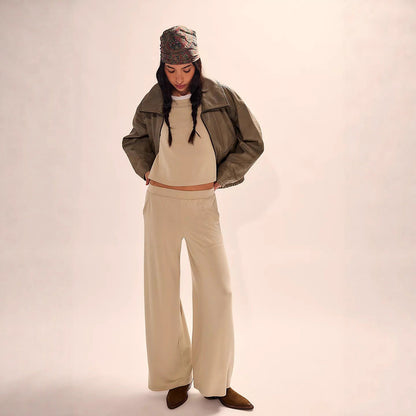 Damen Twinset Weites Oberteil und Hose Baumwolle Beige