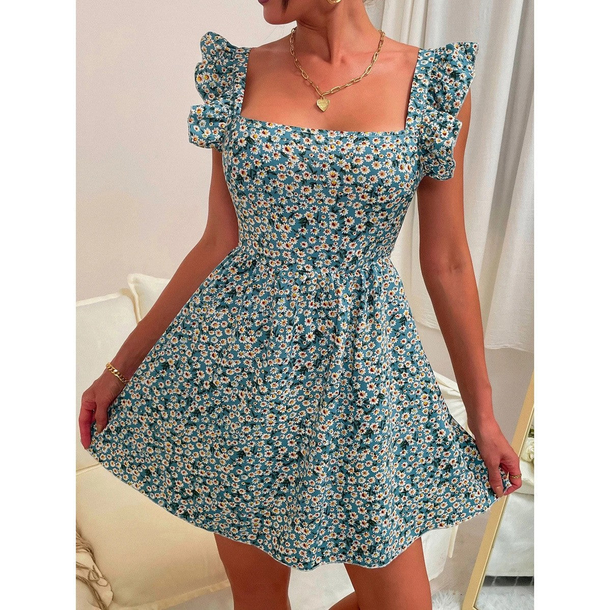 Damen Sommerkleid Rüschendetails Quadrat-Ausschnitt Eveloria - Eveloria