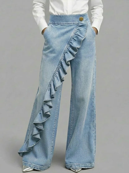 Damen Weite Jeanshose Rüschendetail Eveloria
