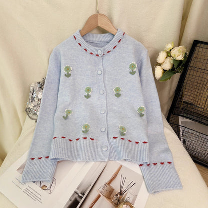Damen Strickjacke Florales Muster Knopfverschluss