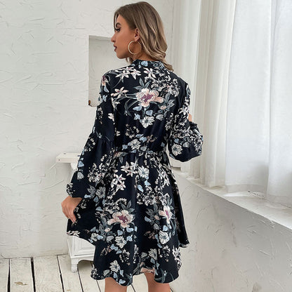 Damen Blusenkleid Floralmuster Taillengürtel