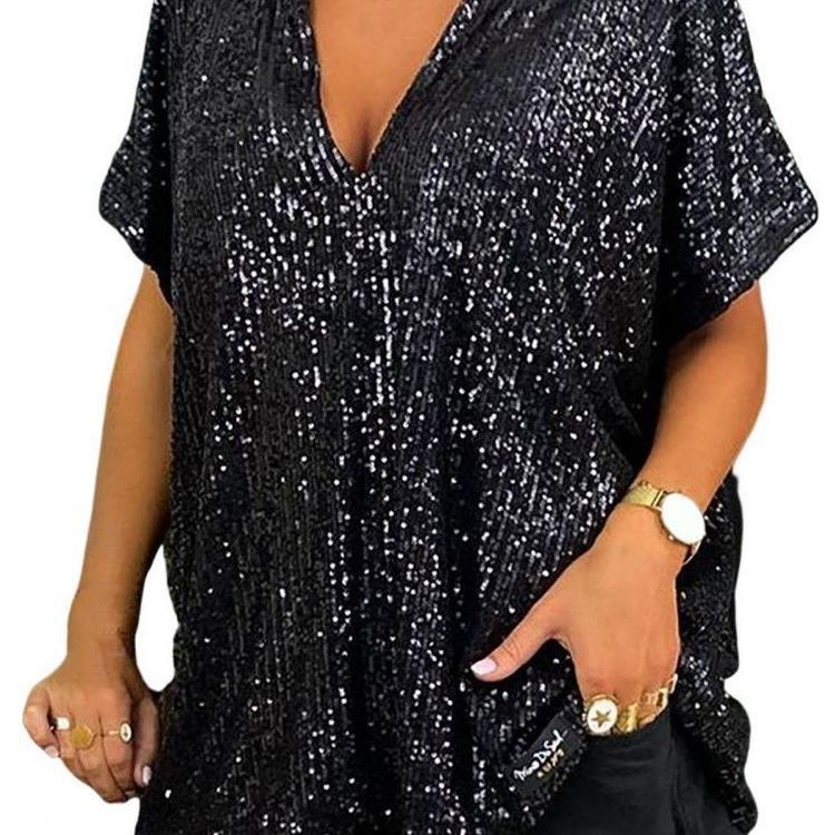 Damen Paillettentop Lässig V-Ausschnitt Glitzernd