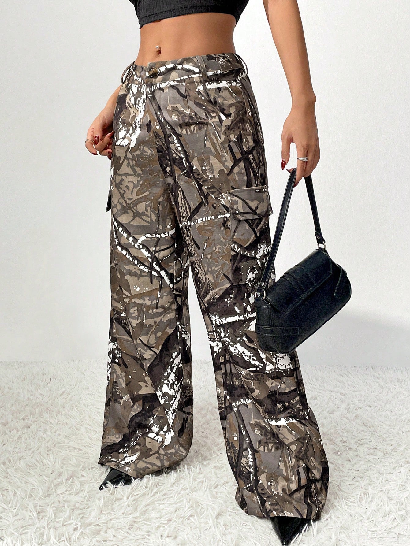 Damen Cargohose Camouflage Modern Baumwolle Beige