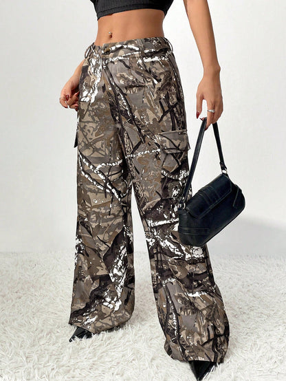 Damen Cargohose Camouflage Modern Baumwolle Beige
