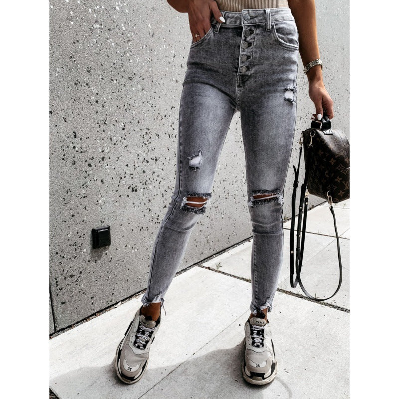 Damen High Waist Ripped Jeans aus Stretchdenim Schwarz - Eveloria