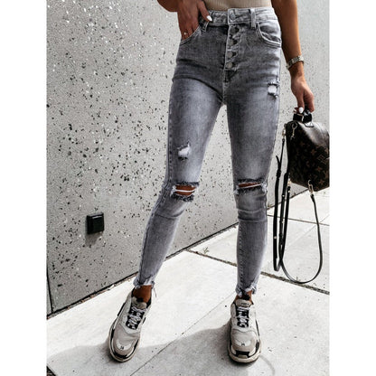 Damen High Waist Ripped Jeans aus Stretchdenim Schwarz - Eveloria