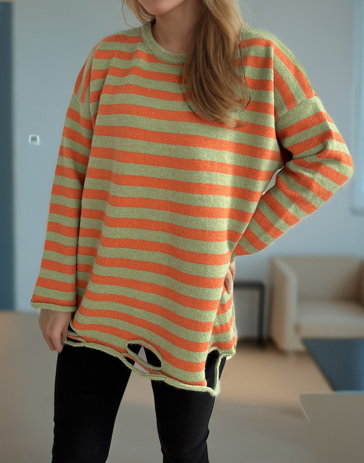 Damen Oversized-Pullover Gestrickt Lässiges Streifenmuster