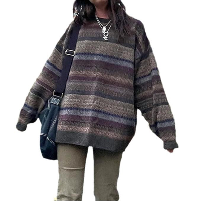 Damen Oversized-Pullover Bunt Streifenmuster Weite Ärmel