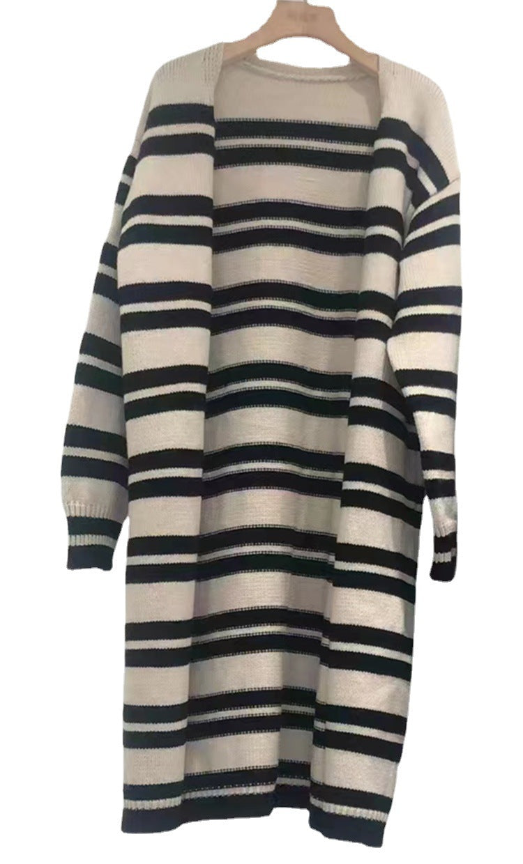 Damen Cardigan Grobstrick Breite Streifen Lässiger Schnitt Beige