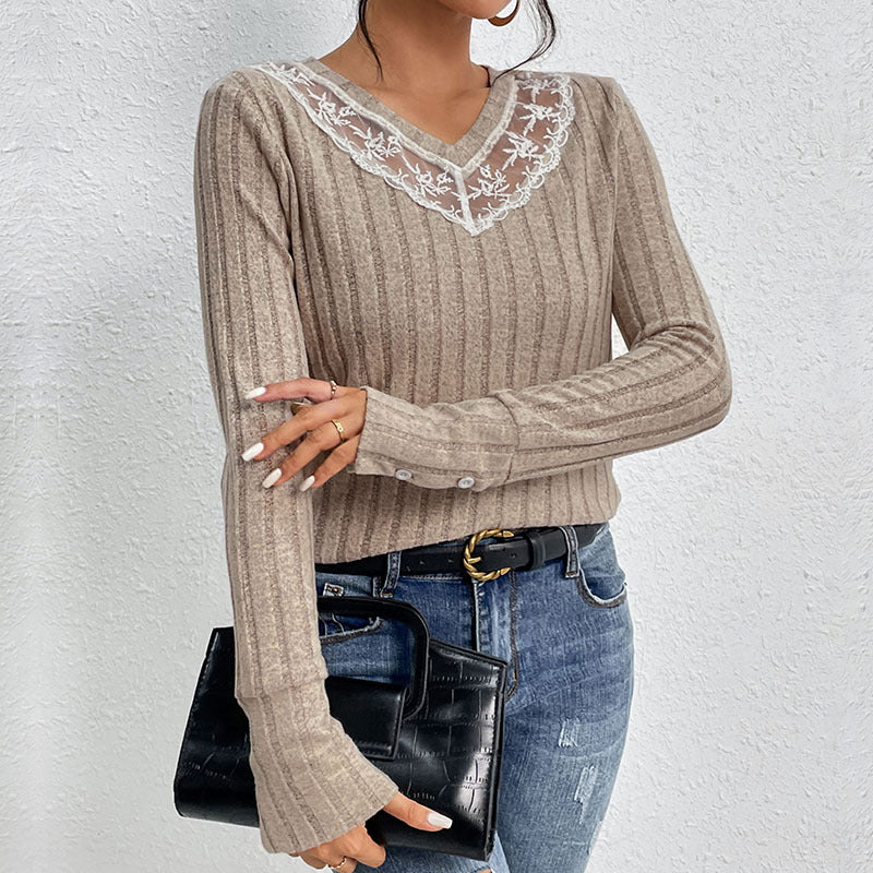Damen Langarmshirt Spitze Gerippt Weiß
