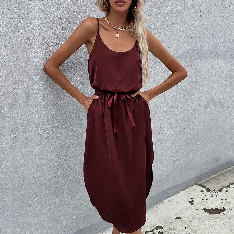 Damen Midikleid Taillenknoten Satinoptik Eveloria