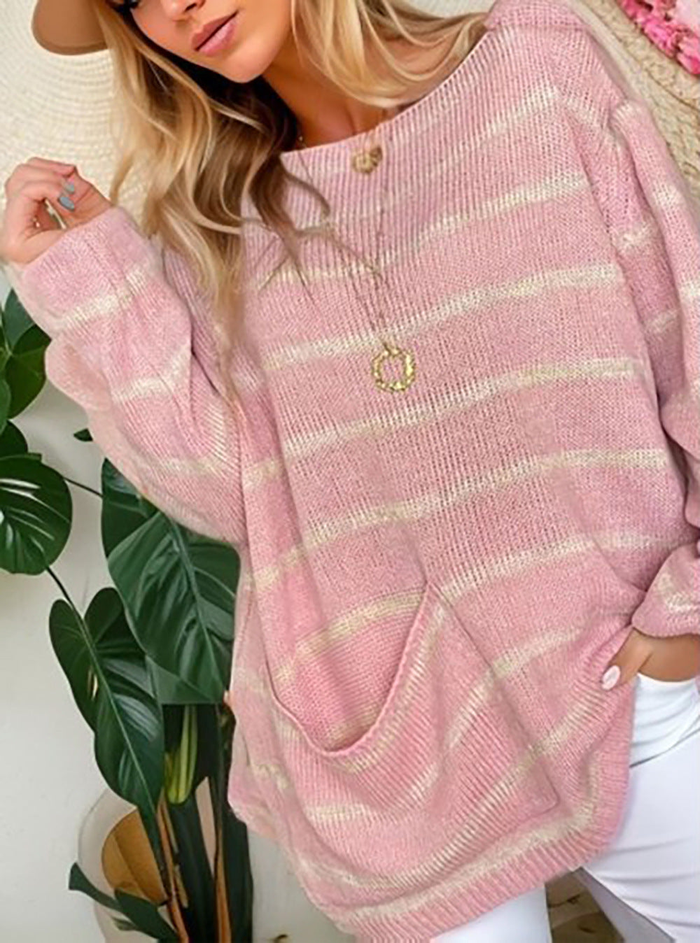 Damen Strickpullover Langärmlig Mit Taschen Beige