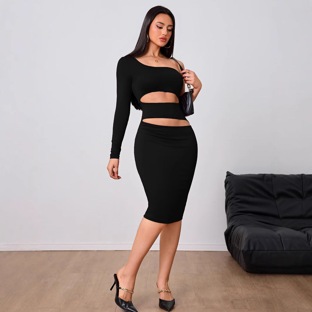 Damen Midi-Kleid mit Cut-Out-Details Asymmetrisch Langärmlig